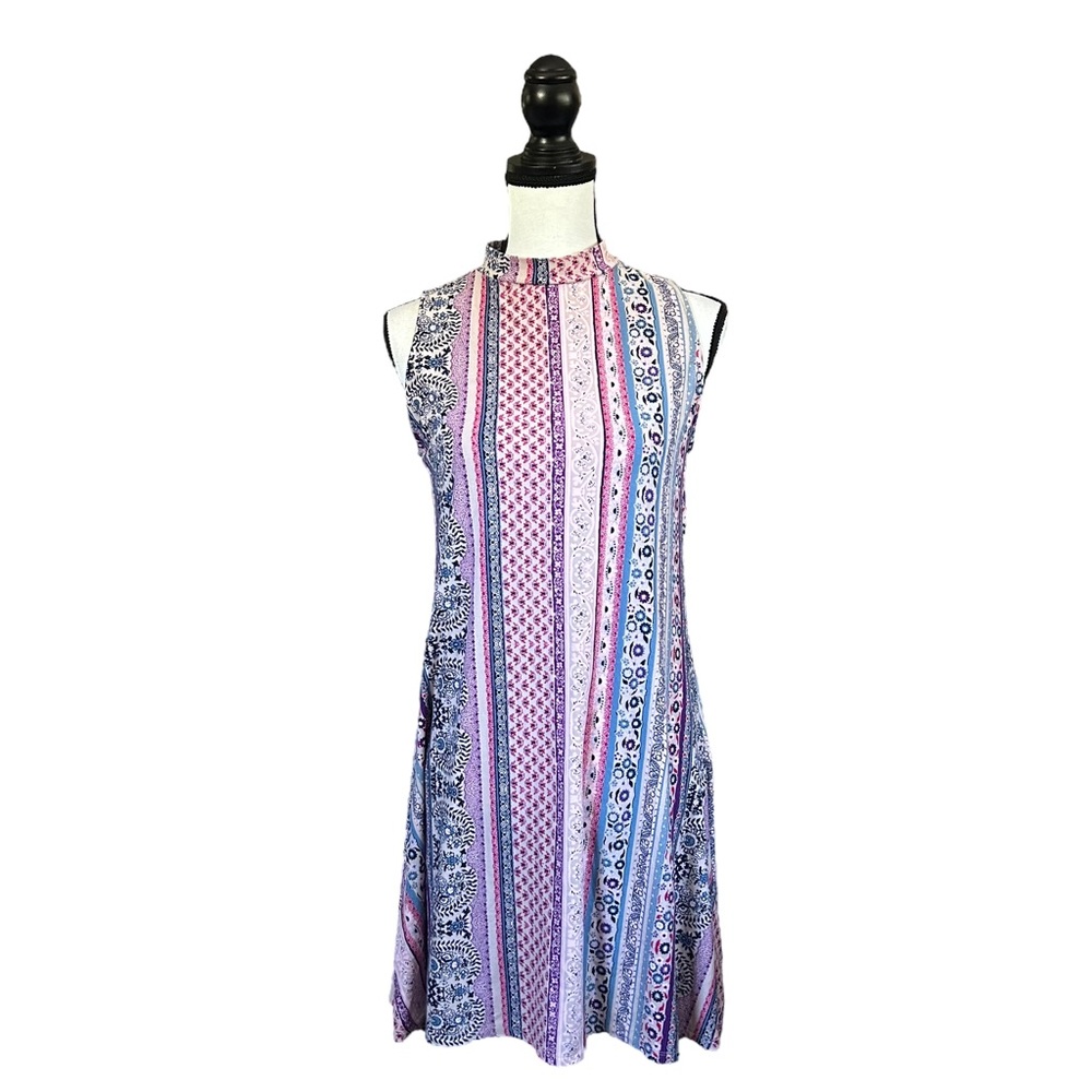 Mudd Boho Mock Neck Sleeveless Mini Dress Purple Pink Floral Stripe Mod Retro M